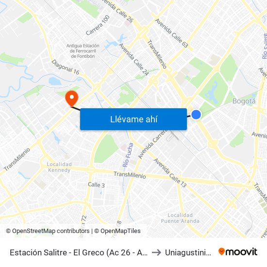 Estación Salitre - El Greco (Ac 26 - Ak 68) to Uniagustiniana map