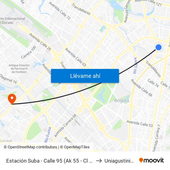 Estación Suba - Calle 95 (Ak 55 - Cl 94c) to Uniagustiniana map
