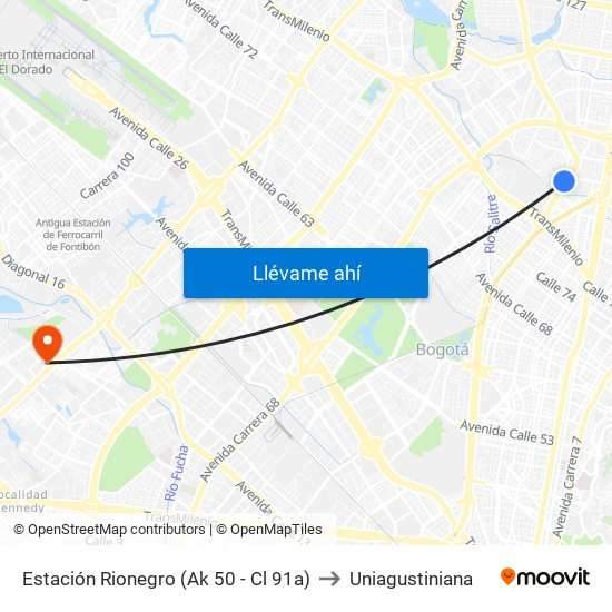Estación Rionegro (Ak 50 - Cl 91a) to Uniagustiniana map