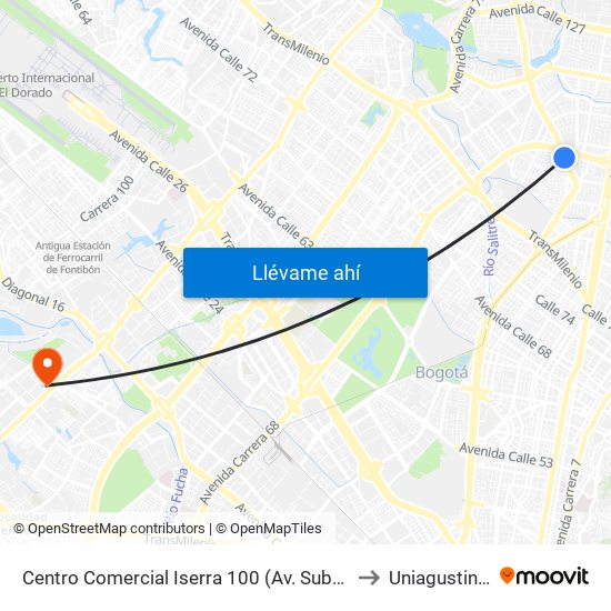 Centro Comercial Iserra 100 (Av. Suba - Cl 98a) to Uniagustiniana map
