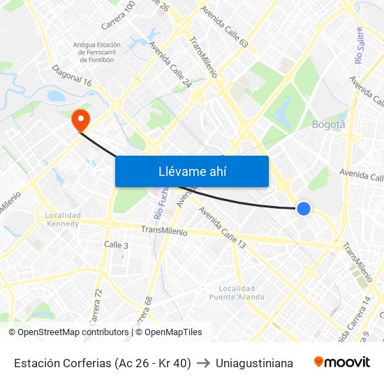 Estación Corferias (Ac 26 - Kr 40) to Uniagustiniana map