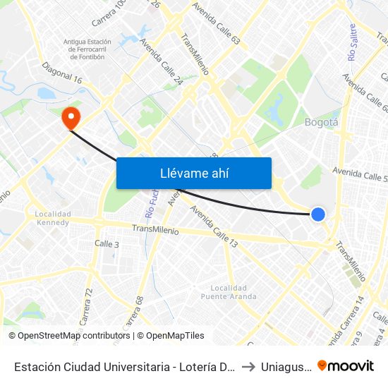 Estación Ciudad Universitaria - Lotería De Bogotá (Ac 26 - Kr 36) to Uniagustiniana map