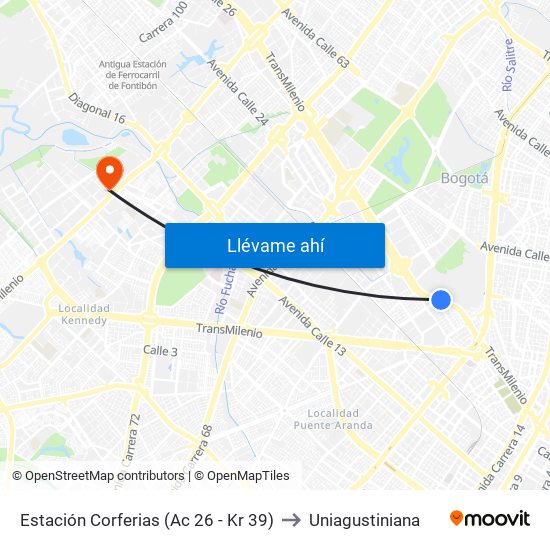 Estación Corferias (Ac 26 - Kr 39) to Uniagustiniana map