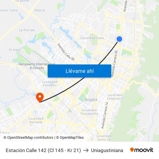 Estación Calle 142 (Cl 145 - Kr 21) to Uniagustiniana map
