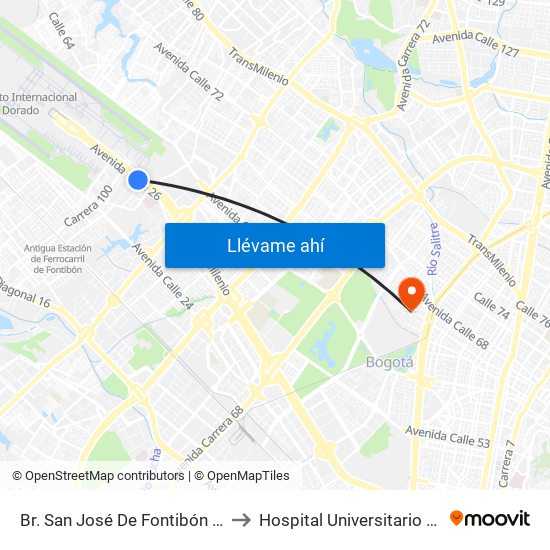 Br. San José De Fontibón (Ac 26 - Kr 96a) to Hospital Universitario Barrios Unidos map