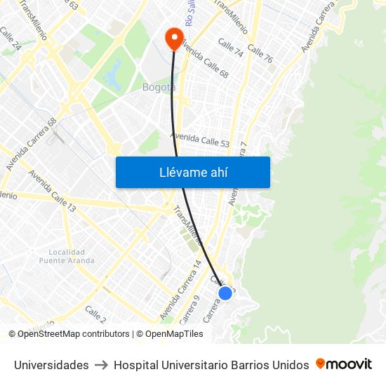 Universidades to Hospital Universitario Barrios Unidos map