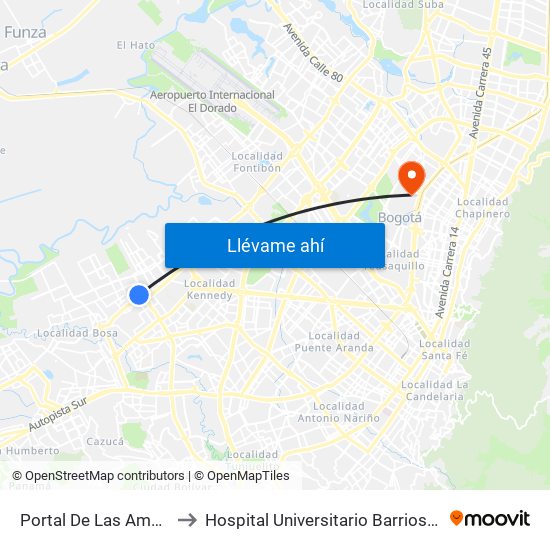 Portal De Las Américas to Hospital Universitario Barrios Unidos map