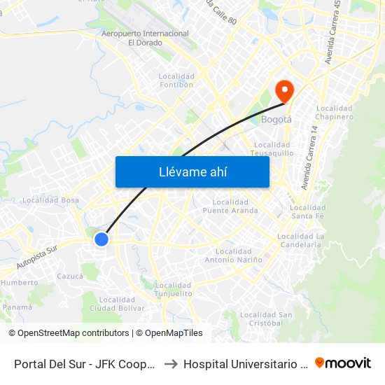 Portal Del Sur - JFK Cooperativa Financiera to Hospital Universitario Barrios Unidos map