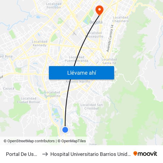 Portal De Usme to Hospital Universitario Barrios Unidos map