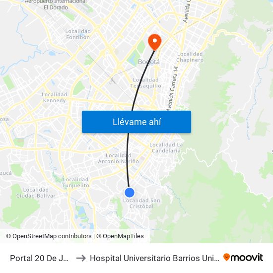 Portal 20 De Julio to Hospital Universitario Barrios Unidos map