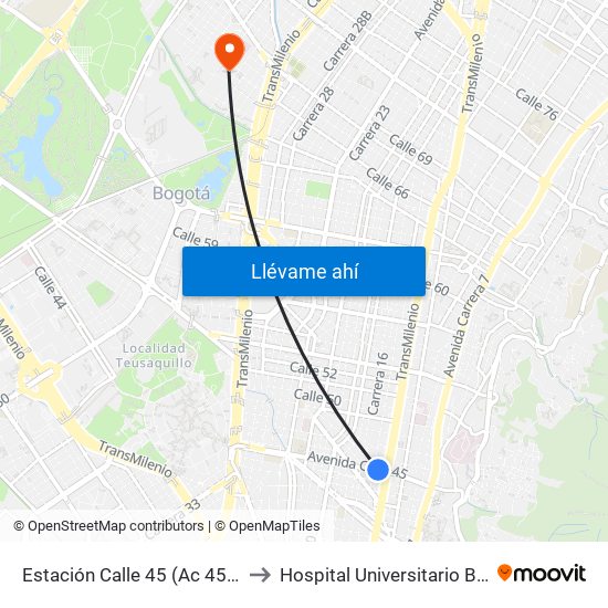 Estación Calle 45 (Ac 45 - Av. Caracas) to Hospital Universitario Barrios Unidos map