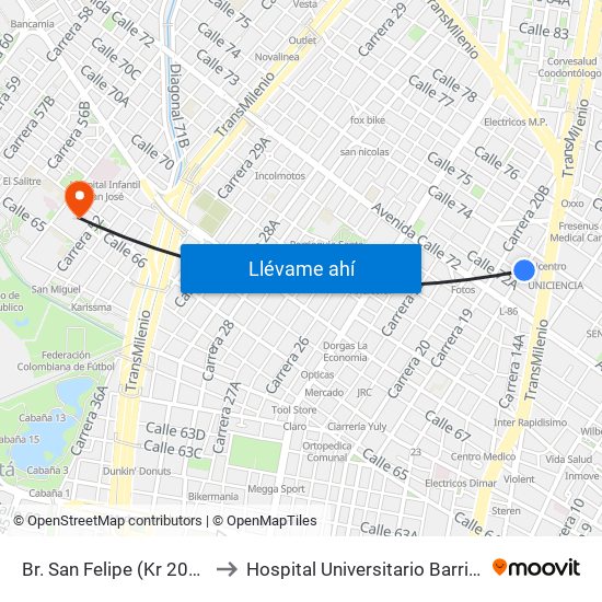 Br. San Felipe (Kr 20a - Cl 74) to Hospital Universitario Barrios Unidos map