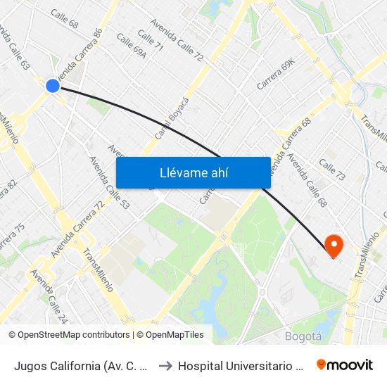 Jugos California (Av. C. De Cali - Ac 63) to Hospital Universitario Barrios Unidos map