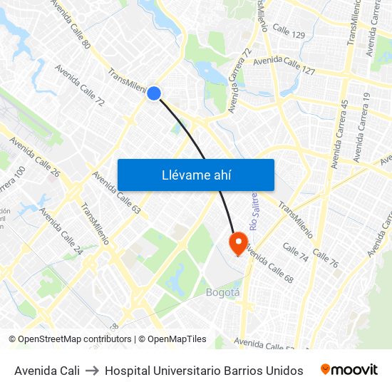 Avenida Cali to Hospital Universitario Barrios Unidos map