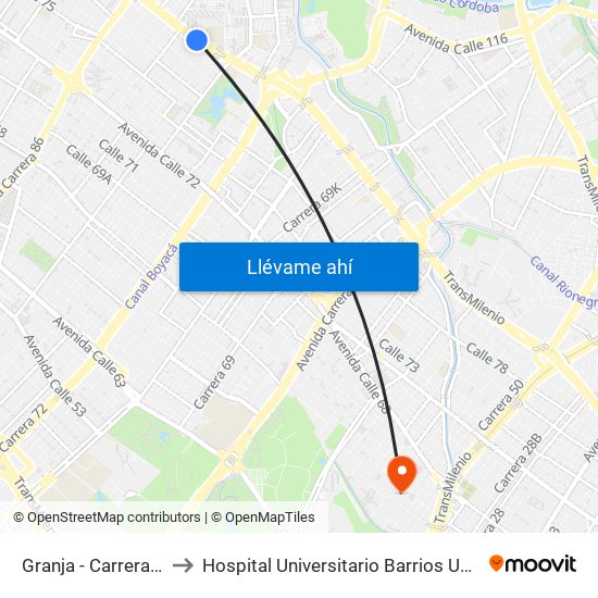 Granja - Carrera 77 to Hospital Universitario Barrios Unidos map