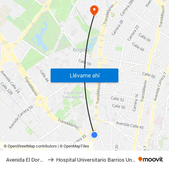 Avenida El Dorado to Hospital Universitario Barrios Unidos map