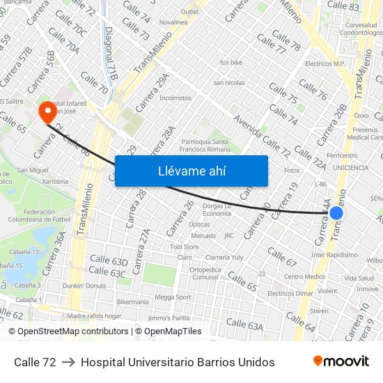 Calle 72 to Hospital Universitario Barrios Unidos map