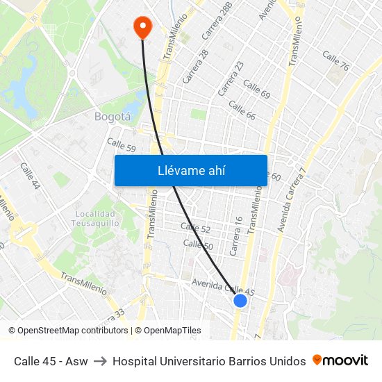 Calle 45 - Asw to Hospital Universitario Barrios Unidos map