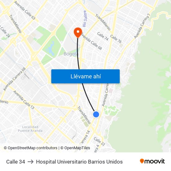 Calle 34 to Hospital Universitario Barrios Unidos map