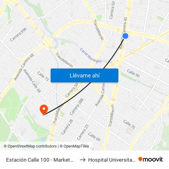 Estación Calle 100 - Marketmedios (Auto Norte - Cl 98) to Hospital Universitario Barrios Unidos map