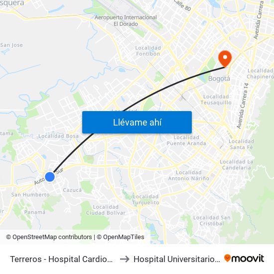 Terreros - Hospital Cardiovascular (Lado Sur) to Hospital Universitario Barrios Unidos map