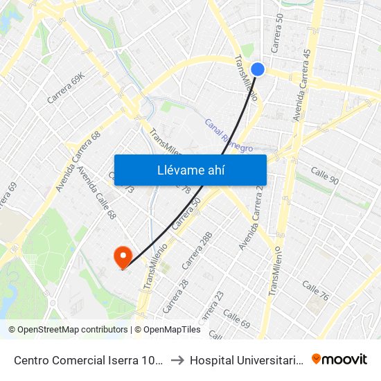 Centro Comercial Iserra 100 (Ac 100 - Kr 54) (B) to Hospital Universitario Barrios Unidos map