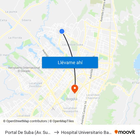 Portal De Suba (Av. Suba - Kr 106) to Hospital Universitario Barrios Unidos map