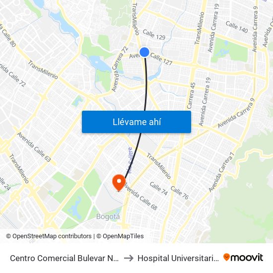 Centro Comercial Bulevar Niza (Ac 127 - Av. Suba) to Hospital Universitario Barrios Unidos map