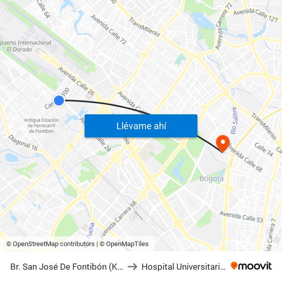 Br. San José De Fontibón (Kr 100 - Av. Esperanza) to Hospital Universitario Barrios Unidos map
