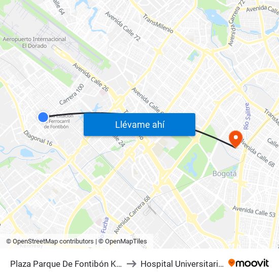 Plaza Parque De Fontibón Kr 100 (Kr 100 - Cl 17a) to Hospital Universitario Barrios Unidos map
