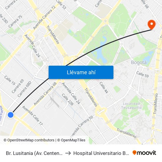 Br. Lusitania (Av. Centenario - Kr 68b) to Hospital Universitario Barrios Unidos map