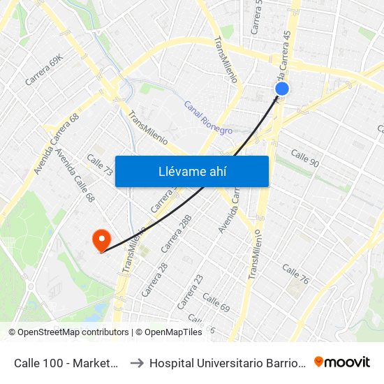 Calle 100 - Marketmedios to Hospital Universitario Barrios Unidos map