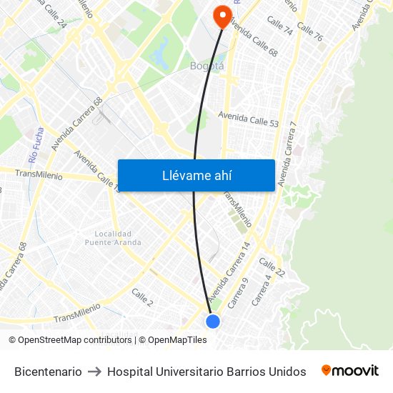 Bicentenario to Hospital Universitario Barrios Unidos map