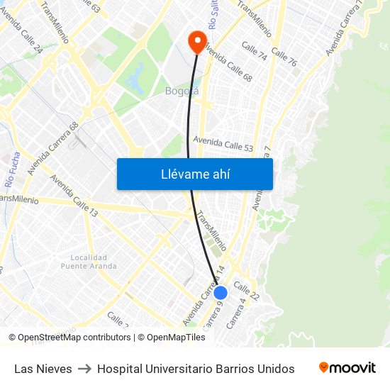 Las Nieves to Hospital Universitario Barrios Unidos map