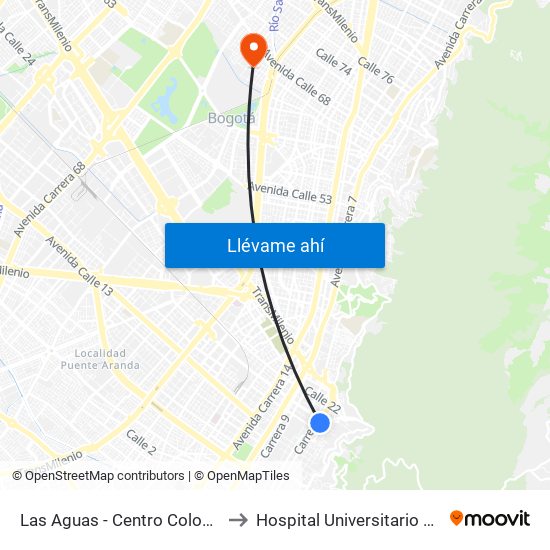 Las Aguas - Centro Colombo Americano to Hospital Universitario Barrios Unidos map