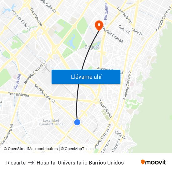 Ricaurte to Hospital Universitario Barrios Unidos map