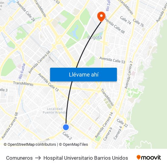 Comuneros to Hospital Universitario Barrios Unidos map