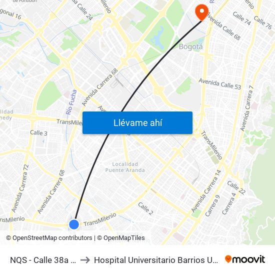 NQS - Calle 38a Sur to Hospital Universitario Barrios Unidos map