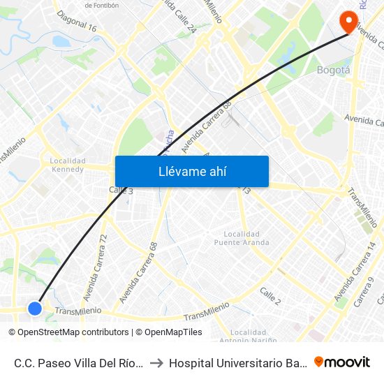 C.C. Paseo Villa Del Río - Madelena to Hospital Universitario Barrios Unidos map