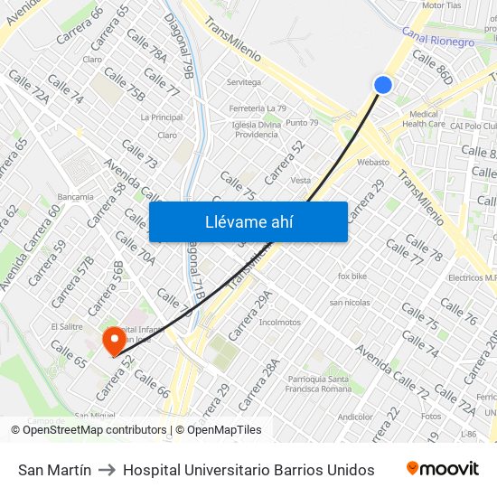 San Martín to Hospital Universitario Barrios Unidos map