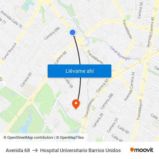Avenida 68 to Hospital Universitario Barrios Unidos map
