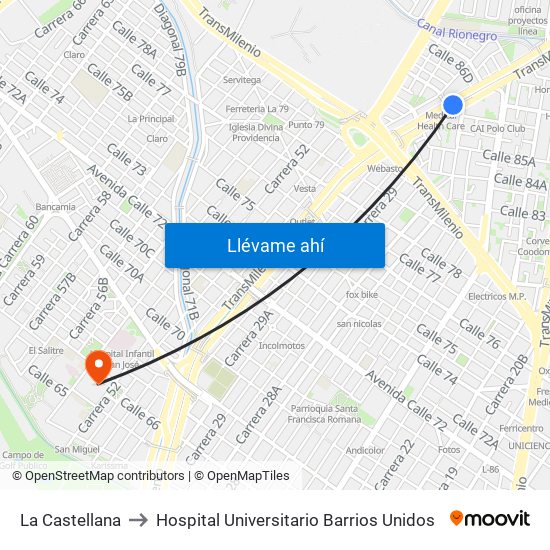 La Castellana to Hospital Universitario Barrios Unidos map