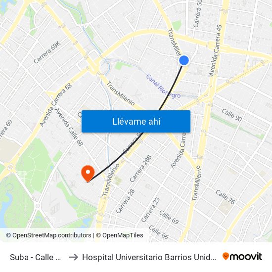 Suba - Calle 95 to Hospital Universitario Barrios Unidos map