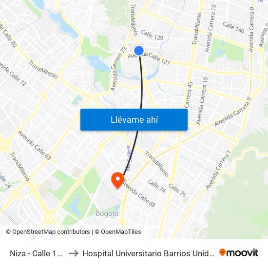 Niza - Calle 127 to Hospital Universitario Barrios Unidos map