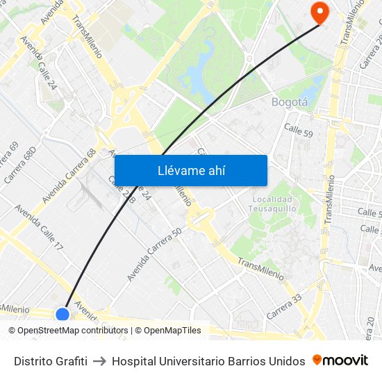 Distrito Grafiti to Hospital Universitario Barrios Unidos map