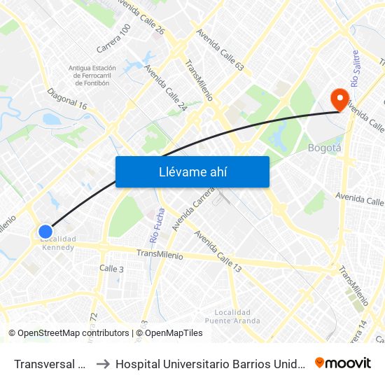 Transversal 86 to Hospital Universitario Barrios Unidos map