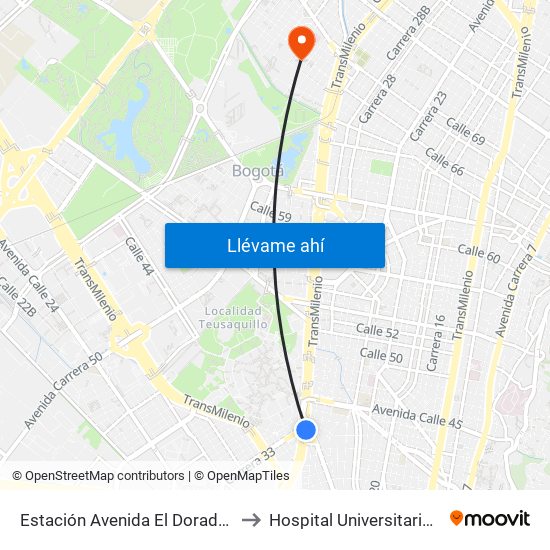 Estación Avenida El Dorado (Av. NQS - Cl 40a) to Hospital Universitario Barrios Unidos map