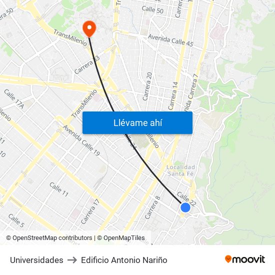 Universidades to Edificio Antonio Nariño map