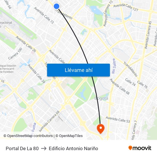 Portal De La 80 to Edificio Antonio Nariño map
