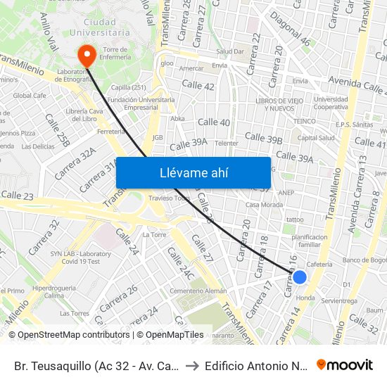 Br. Teusaquillo (Ac 32 - Av. Caracas) to Edificio Antonio Nariño map